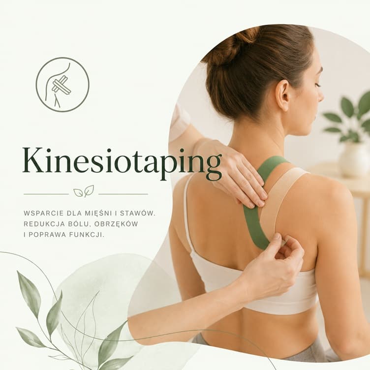 Obrazek: Kinesiotaping Ząbki, fizjoterapeuta nakłada taśmy na plecy pacjentki, redukcja bólu, wsparcie mięśni i stawów.