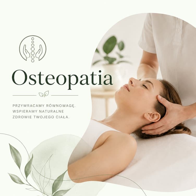 Obrazek: Terapia Osteopatyczna w Ząbkach, fizjoterapeuta pracuje z pacjentką, logo osteopatii, przywracanie równowagi.